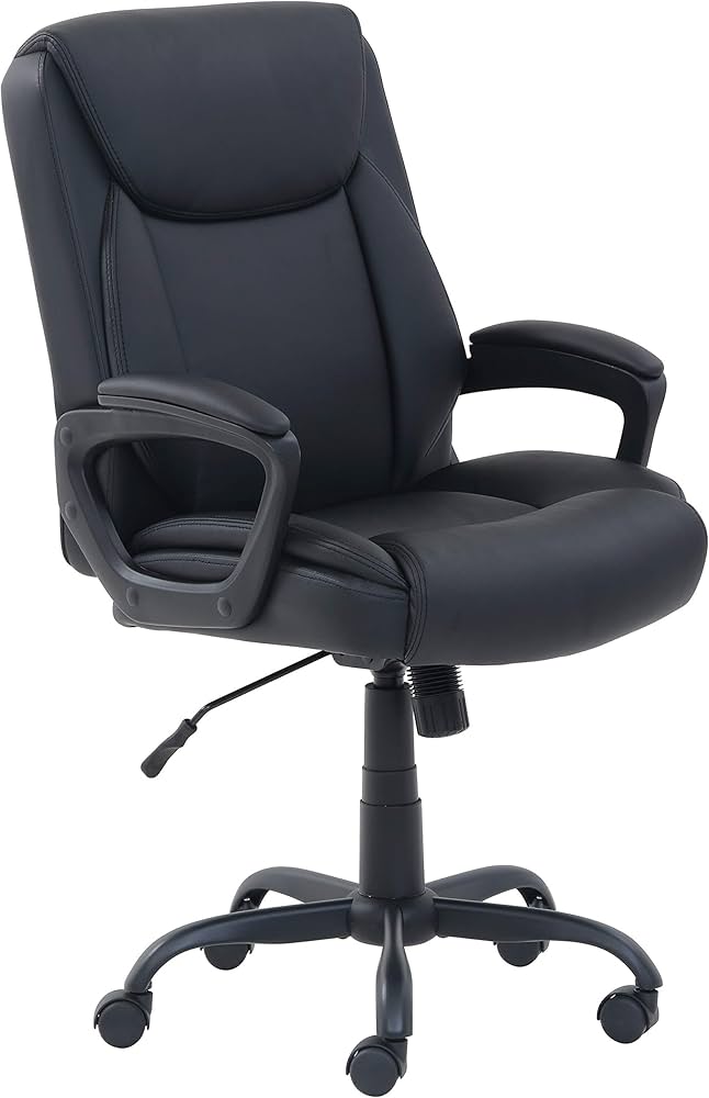 Amazon Basics black padded mid-back office chair with adjustable height and armrests — perfect for computer desk use