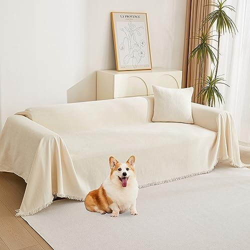 Beige chenille loveseat sofa cover with tassel — durable furniture protector by MYSKY HOME, size 91 x 118 inches