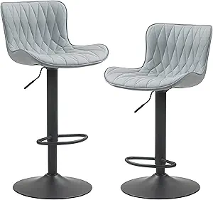 Set of 2 grey faux leather bar stools with 360-degree swivel, adjustable height, padded backrest, and chrome base — Finnhomy modern kitchen chairs
